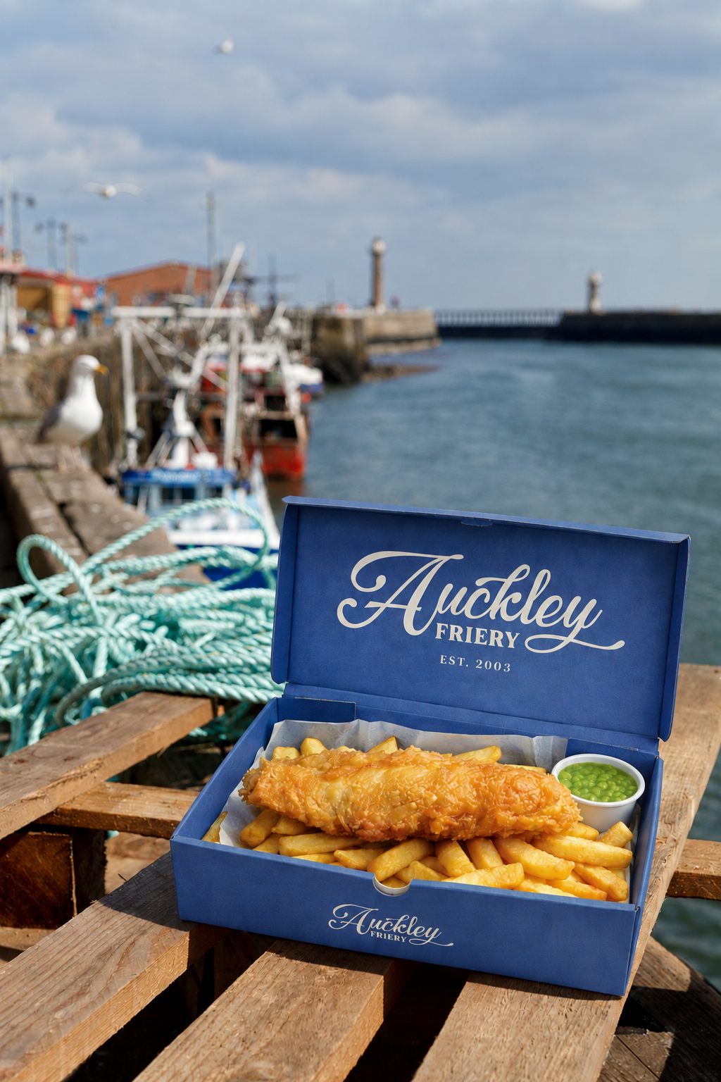 Auckley Friery fish and chips served in a branded box by the harbour